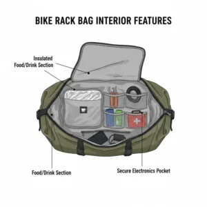 Detailed illustration of the organized interior compartments and mesh pockets inside a bike rack with bag.