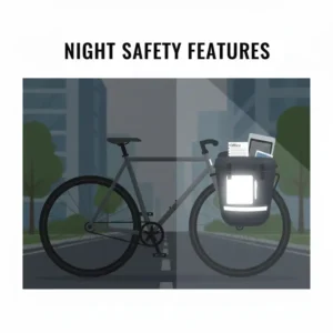 Safety illustration highlighting the high-visibility reflective strips on a bike rack with bag for night riding.