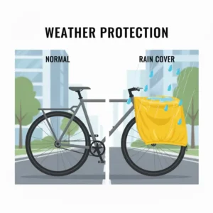 A waterproof neon yellow rain cover being pulled over a bike rack with bag to protect gear from water.