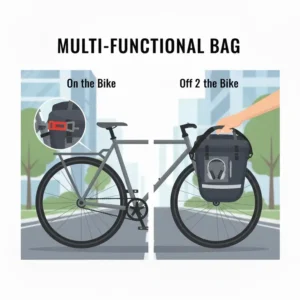 Demonstration of a bike rack with bag being used as a convenient shoulder bag with a detachable strap.
