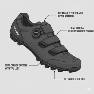 Detailed anatomical diagram showing the various technical components of modern gravel shoes.