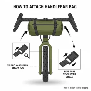 Diagram showing how to secure a handle bar bag using velcro straps and buckles.