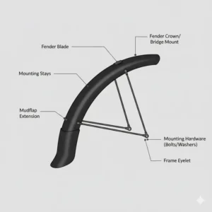 A detailed technical diagram showing the different parts of gravel bike fenders.
