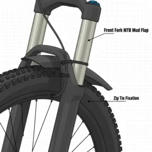 Detailed illustration of a flexible front fork mtb mud flap attached to the suspension bridge using zip ties.
