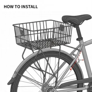 A technical illustration showing how to properly mount a bike rack rear basket to a bicycle frame.