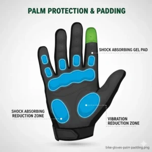 Technical diagram showing the gel padding zones on the palm of bike gloves for men for vibration dampening.