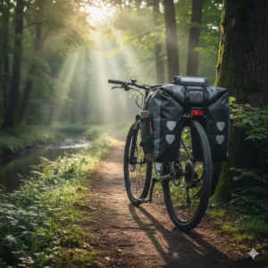 Side view of dual pannier bicycle back rack bags attached to a mountain bike frame.
