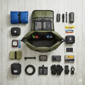 Interior view of a rear bike bag showing organized cycling gear and tools