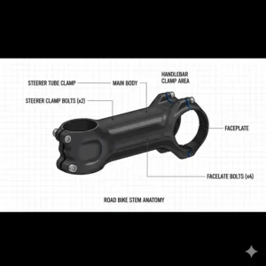 A technical diagram labeling the different parts of a standard road bike stem.
