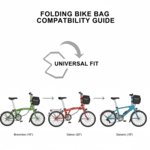 Technical drawing showing the universal fit of a bike bag for folding bike on various brands.