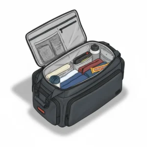Detailed view of the organized internal storage inside a trunk bag.