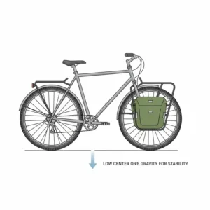 A low-mounted front bicycle rack designed for stable pannier bag placement.