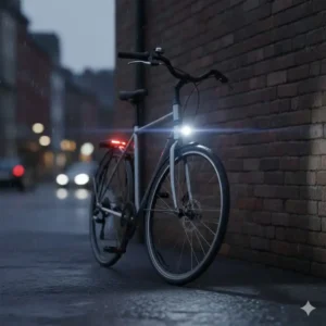 Compact and easy-to-mount commuter versions of the best rated bicycle lights on a city bike handlebar.