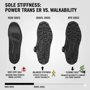 A comparison chart illustrating the sole stiffness levels of gravel shoes versus road and MTB footwear.