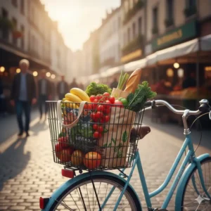 A large bike rack rear basket filled with fresh groceries and vegetables at a local market.