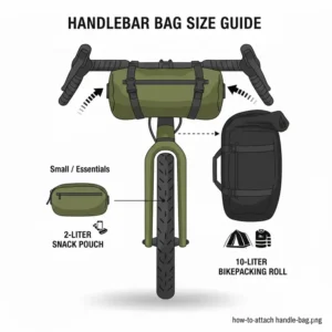 Illustration comparing a small 2-liter handle bar bag to a large 10-liter bikepacking roll.