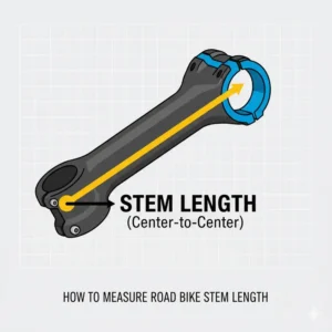 A guide showing the correct way to measure road bike stem length for proper bike fitting.