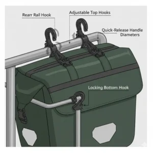 Detailed illustration of the mounting clips on a rear bike bag for secure rack attachment.