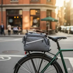 A compact bicycle back rack bags style trunk mounted on top of the carrier for daily commuting essentials.