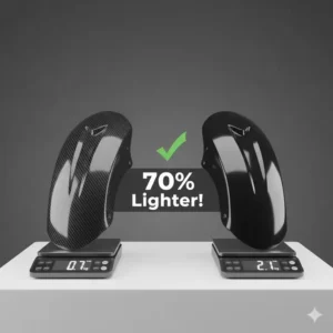 A comparison chart showing the lightweight advantage of carbon fiber fenders motorcycle versus plastic parts.