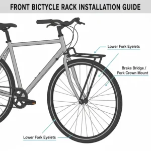 Detailed diagram of a front bicycle rack showing installation points on a bike fork.