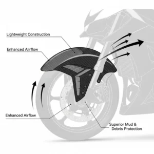 Side view of an aerodynamic front-mounted carbon fiber fenders motorcycle for improved performance.