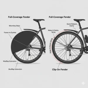 A side-by-side visual comparing full-length versus clip-on gravel bike fenders.