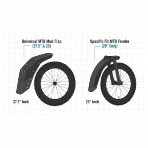 Comparison illustration showing different shapes and sizes of a universal mtb mud flap for various wheel diameters.