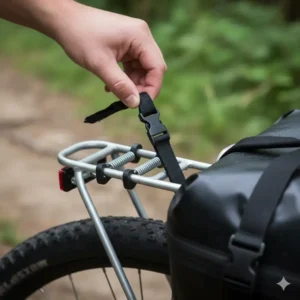 Close-up of the mounting clips and straps used to secure bicycle back rack bags to a metal carrier