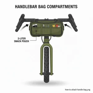 Cross-section illustration of a handle bar bag showing internal pockets for gear.