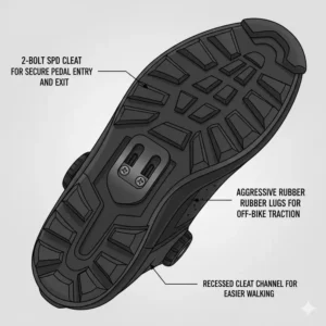 Close-up technical drawing of the 2-bolt SPD cleat compatibility found on most gravel shoes.
