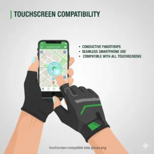 A cyclist using a smartphone screen with the specialized conductive fingertips of bike gloves for men.