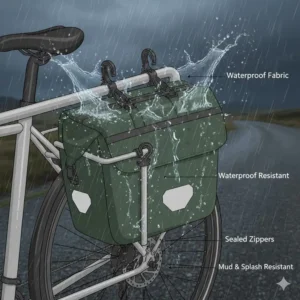 Heavy-duty rear bike bag with water-resistant fabric being used in rainy conditions.