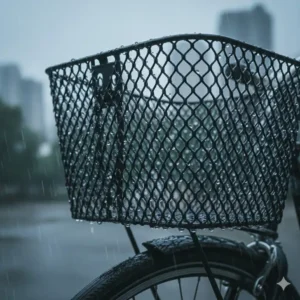 Close-up of a durable metal bike rack rear basket in the rain to show its weatherproof material.