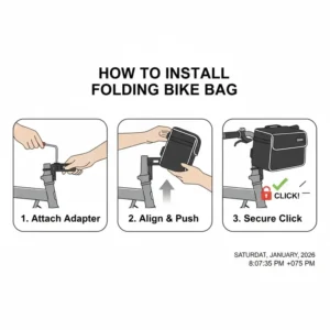 Graphic instructions on how to securely mount a bike bag for folding bike using a carrier block.