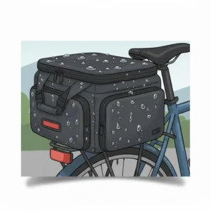 A durable rain-resistant cycling trunk bag protecting gear from water.