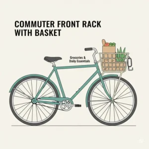 A practical commuter front bicycle rack with an integrated metal basket.