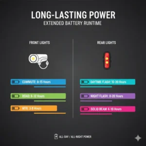 An infographic showing the long-lasting battery life of the best rated bicycle lights across different modes.