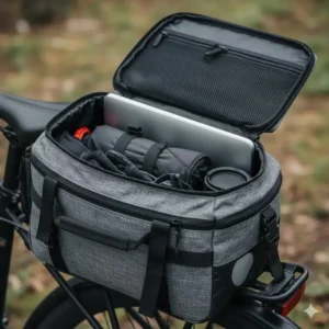 The open interior compartment of a bicycle back rack bags showing enough space for a laptop and tools.