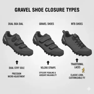 An infographic displaying different closure types like BOA dials and laces used on gravel shoes.