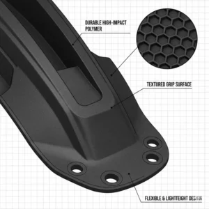 Close-up view of a durable and high-impact plastic mtb mud flap showing its flexible and lightweight design.