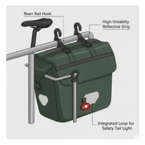 High-visibility rear bike bag featuring reflective strips and a tail light attachment.