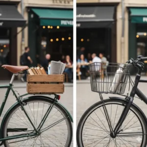 A side-by-side comparison of a wooden and a modern steel bike rack rear basket.