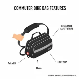 Detailed view of reflective safety strips and light clips on a bike bag for folding bike.