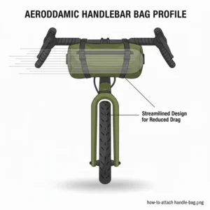 Side-view illustration of an aerodynamic handle bar bag on a road bike.