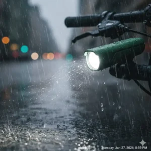 Testing the durability and waterproof rating of the best rated bicycle lights in rainy conditions.