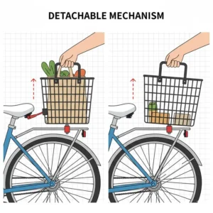 Illustration of a quick-release bike rack rear basket being detached to use as a shopping carrier.