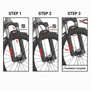 Step-by-step diagram showing how to install an mtb mud flap to a bike fork using standard cable ties