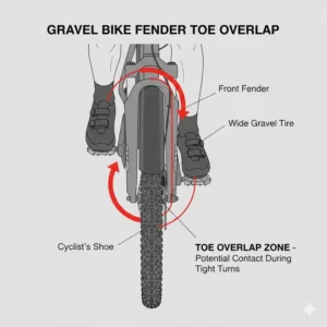 A safety diagram explaining how to avoid toe overlap when using gravel bike fenders.