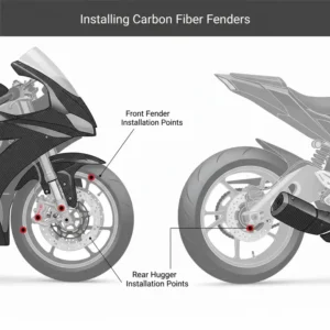 Technical diagram showing how to securely install carbon fiber fenders motorcycle on a standard frame.